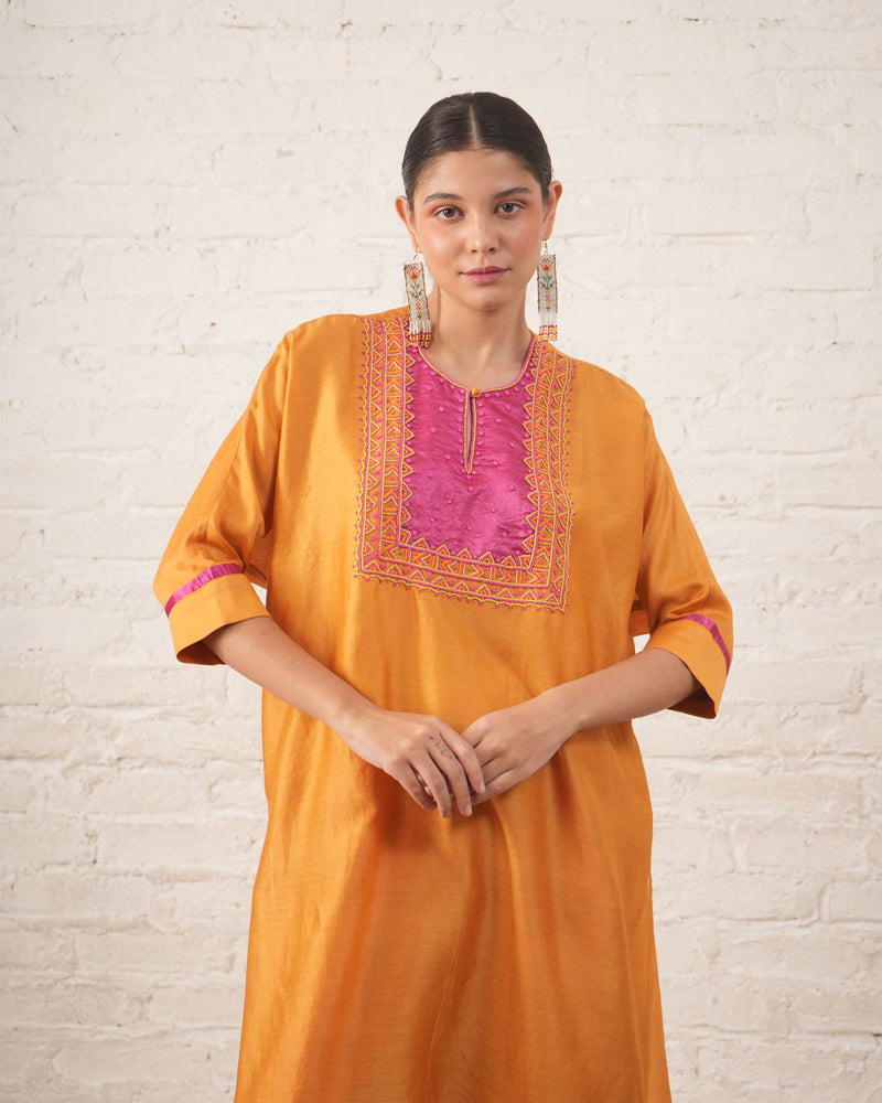 Rust Silk Chanderi Kurta with Pink Bead Embroidered Yoke chanderi by Myoho for women Worldwide