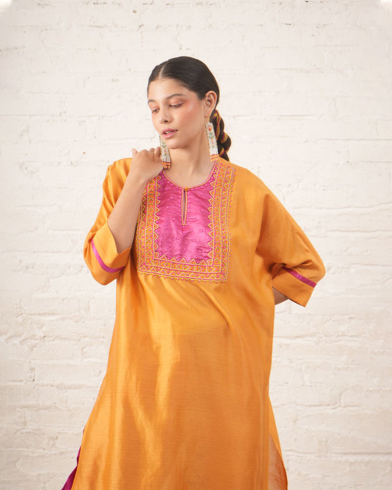 Rust Silk Chanderi Kurta with Pink Bead Embroidered Yoke chanderi by Myoho for women Worldwide