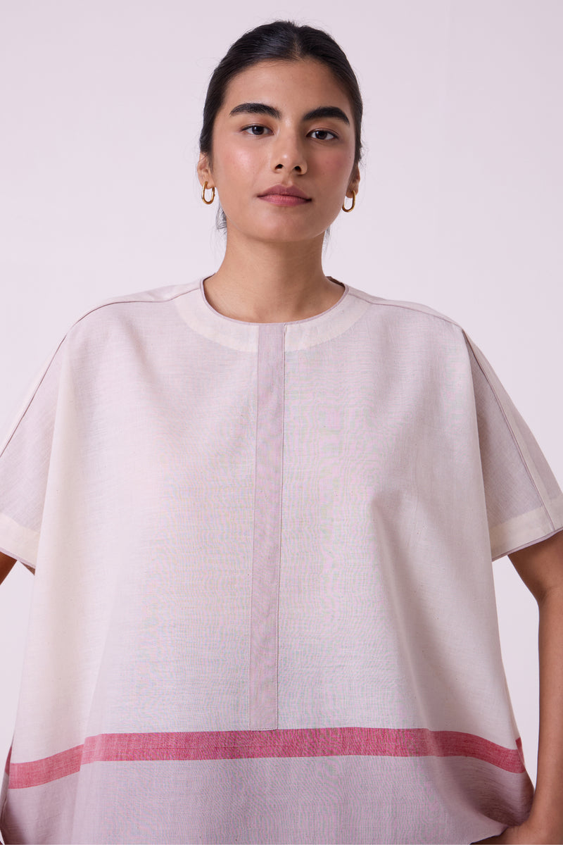 Kaze Ecru Colourblocked Handwoven Tent Top handwoven cotton top/shirt by The Summer House in off white for women Worldwide