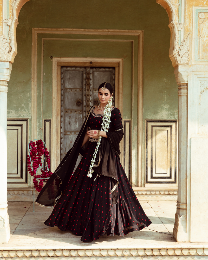 Black & Red Bandhej Print Lehenga Set satin by Maison Shefali in multi color for women Worldwide