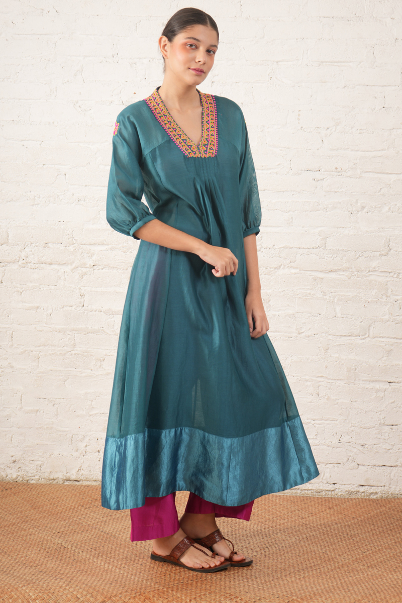 Teal Silk Chanderi V Neck Dress with Hand-Beading Motif chanderi by Myoho in teal color for women Worldwide