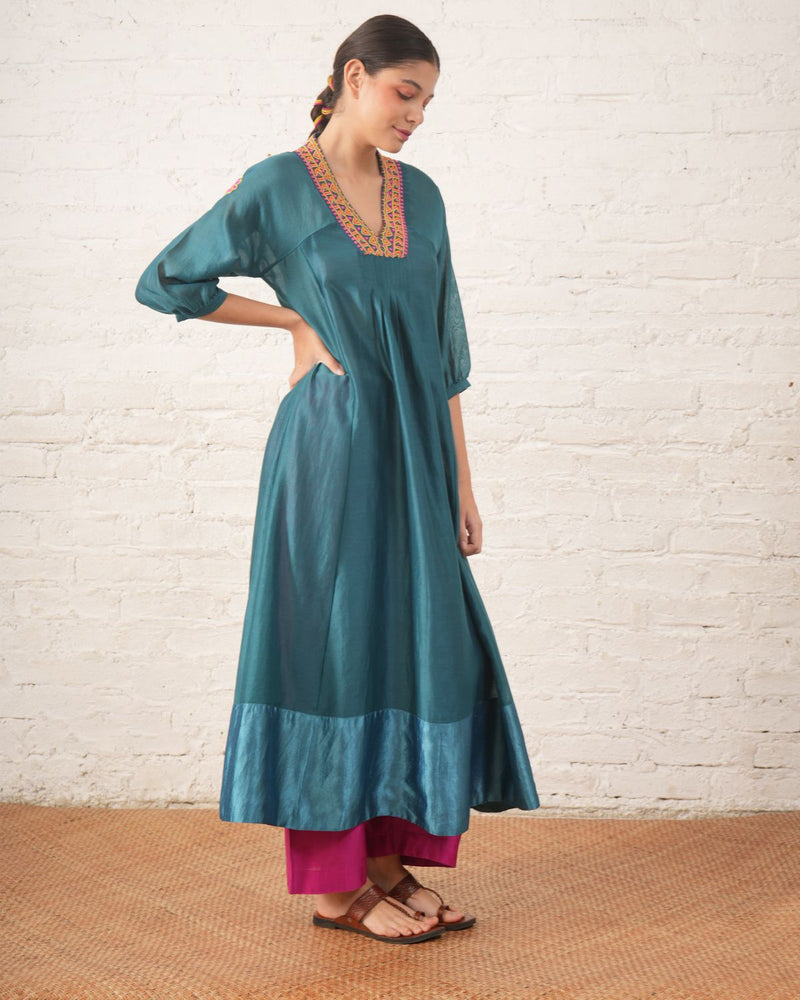Teal Silk Chanderi V Neck Dress with Hand-Beading Motif chanderi by Myoho in teal color for women Worldwide