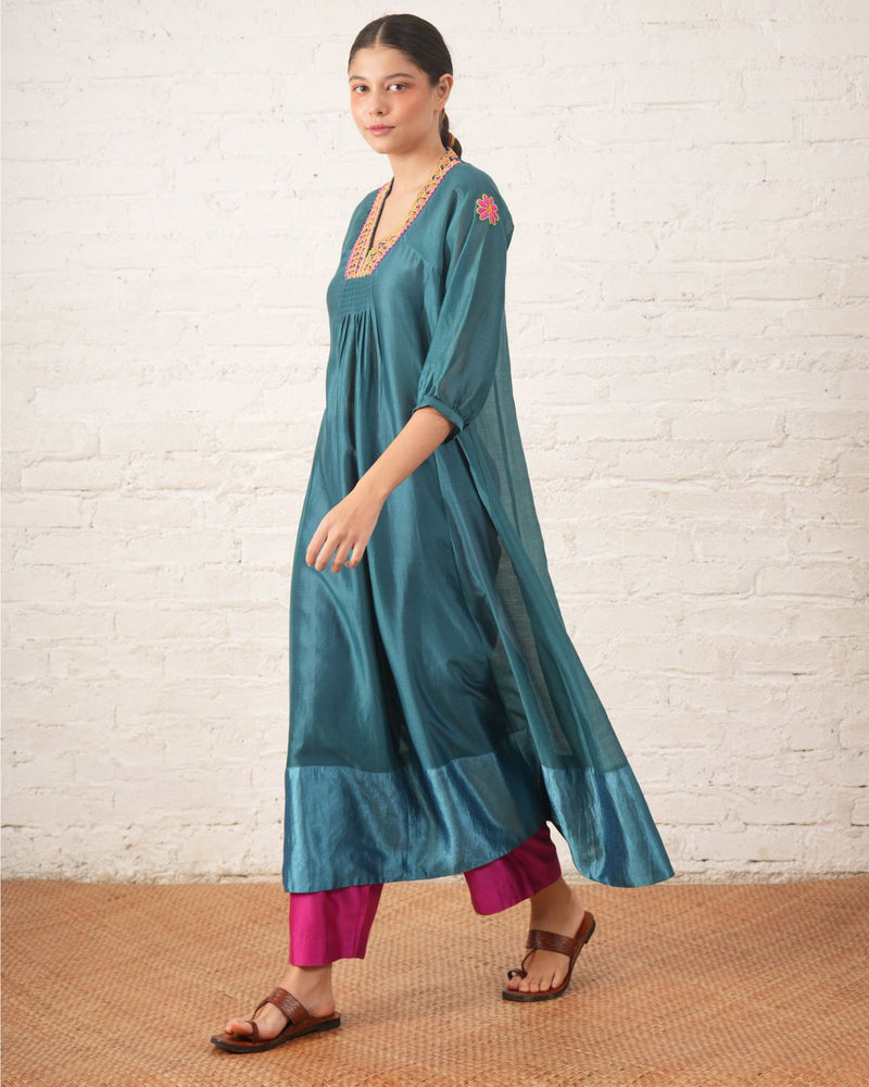 Teal Silk Chanderi V Neck Dress with Hand-Beading Motif chanderi by Myoho in teal color for women Worldwide