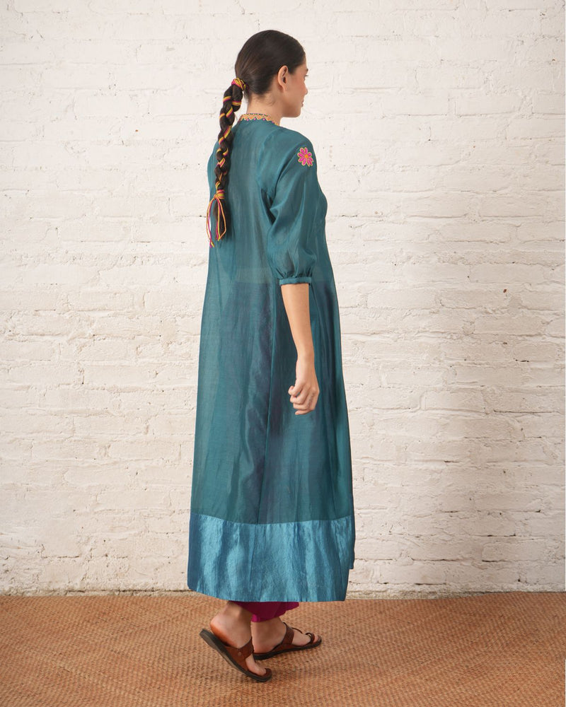 Teal Silk Chanderi V Neck Dress with Hand-Beading Motif chanderi by Myoho in teal color for women Worldwide