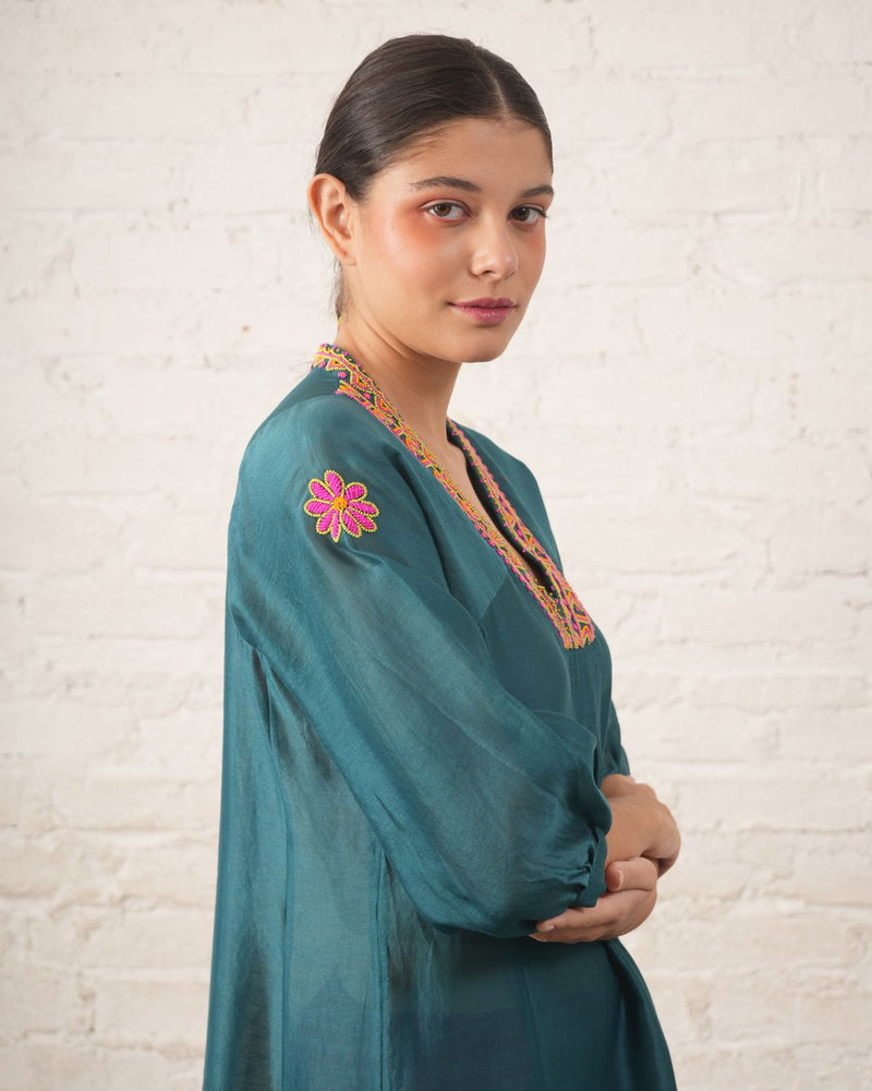 Teal Silk Chanderi V Neck Dress with Hand-Beading Motif chanderi by Myoho in teal color for women Worldwide