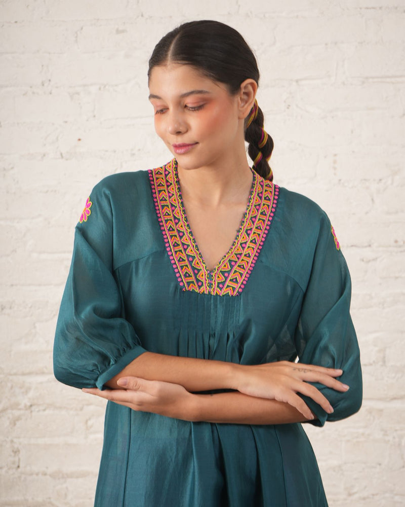 Teal Silk Chanderi V Neck Dress with Hand-Beading Motif chanderi by Myoho in teal color for women Worldwide