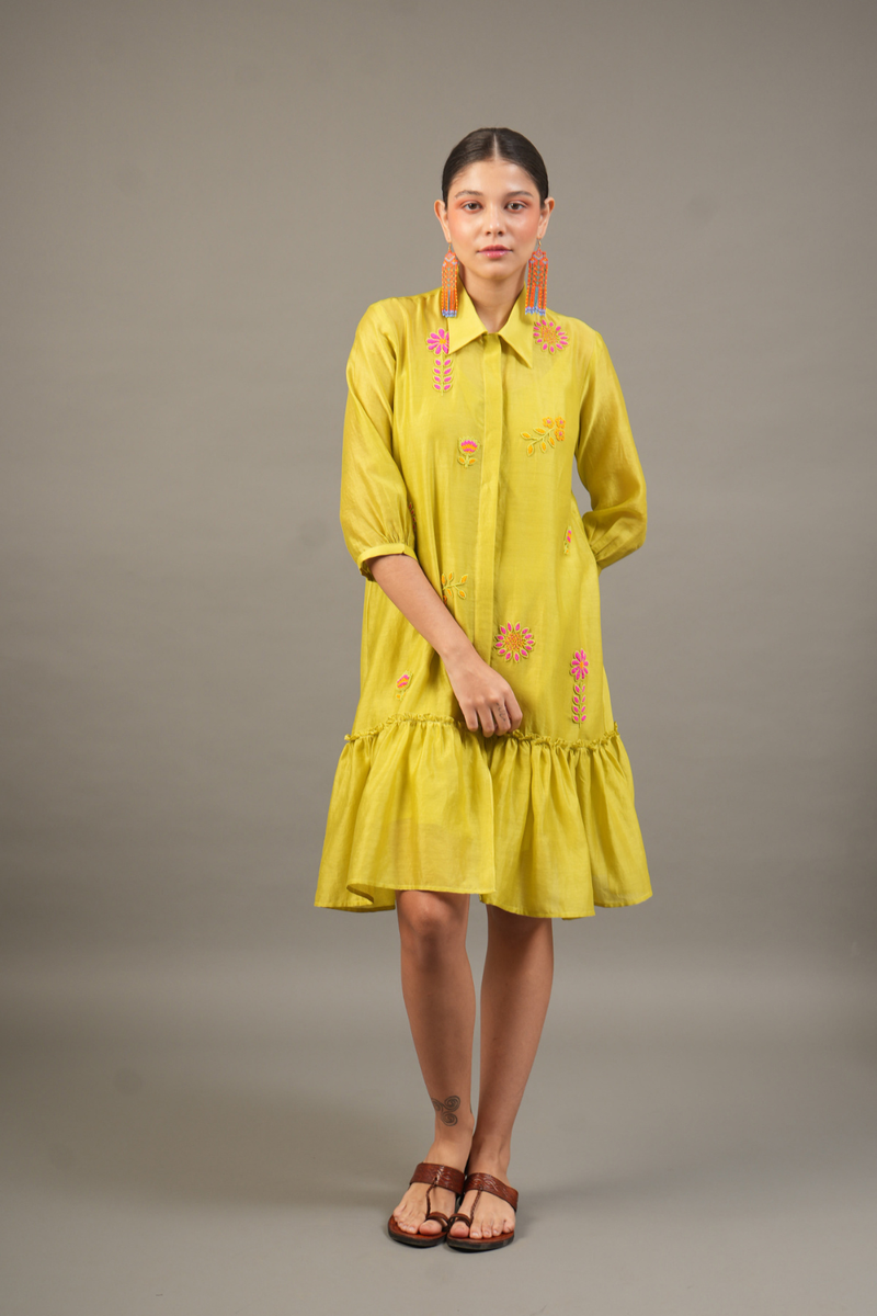 Lime Silk Chanderi Short Dress with Bead Embroidered Florals chanderi by Myoho for women Worldwide