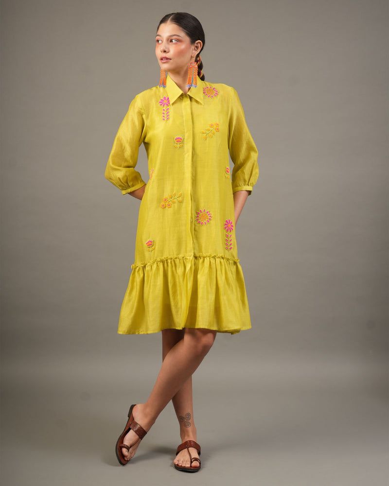 Lime Silk Chanderi Short Dress with Bead Embroidered Florals chanderi by Myoho for women Worldwide