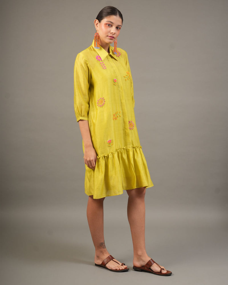 Lime Silk Chanderi Short Dress with Bead Embroidered Florals chanderi by Myoho for women Worldwide