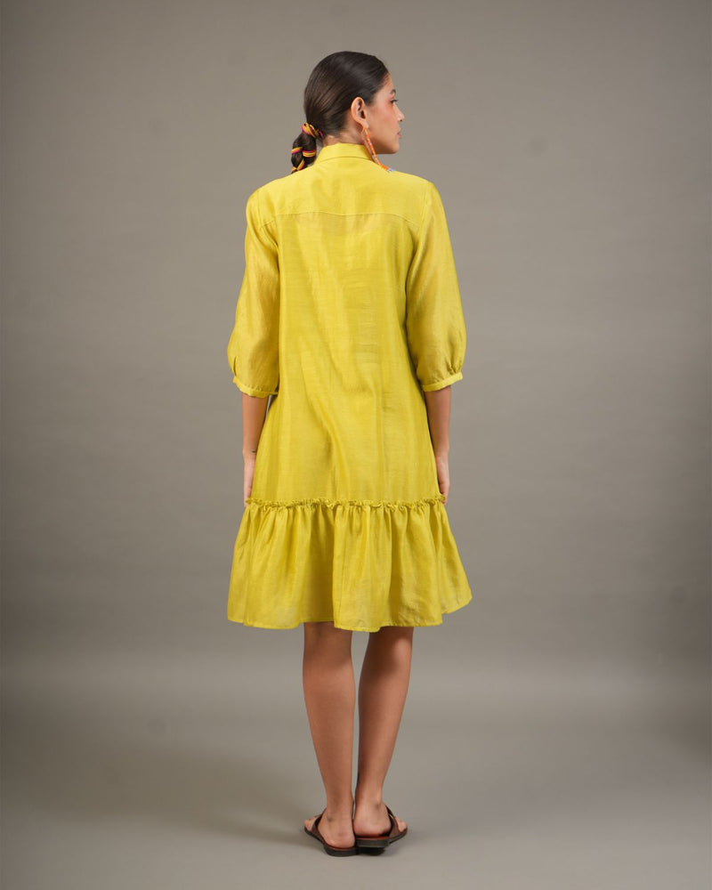 Lime Silk Chanderi Short Dress with Bead Embroidered Florals chanderi by Myoho for women Worldwide