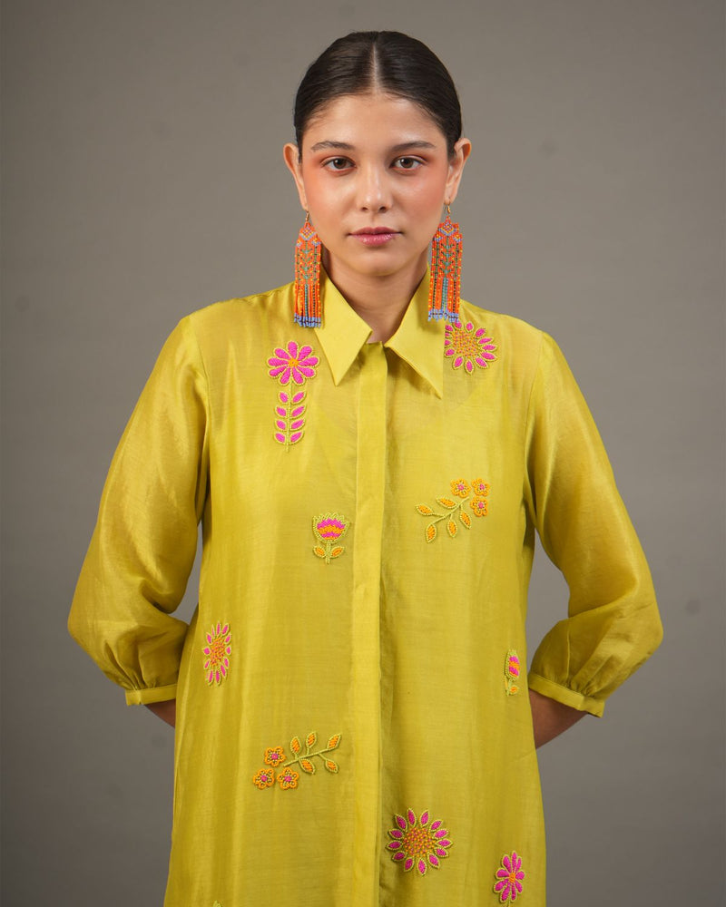 Lime Silk Chanderi Short Dress with Bead Embroidered Florals chanderi by Myoho for women Worldwide