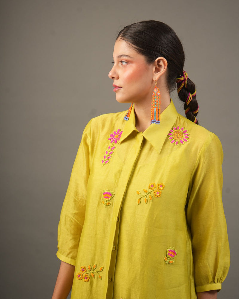 Lime Silk Chanderi Short Dress with Bead Embroidered Florals chanderi by Myoho for women Worldwide