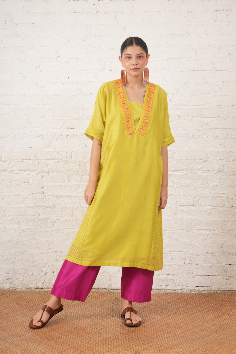 Lime Silk Chanderi Kurta with Fuschia Pants chanderi by Myoho in white color for women Worldwide
