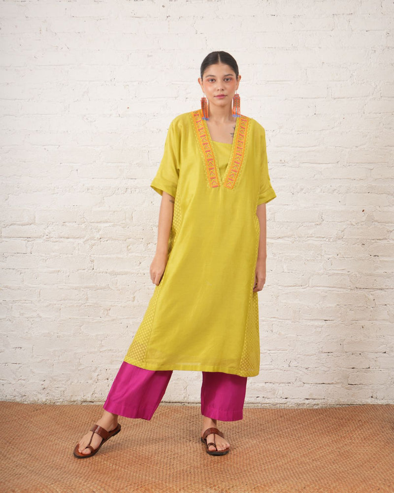 Lime Silk Chanderi Kurta with Fuschia Pants chanderi by Myoho in white color for women Worldwide