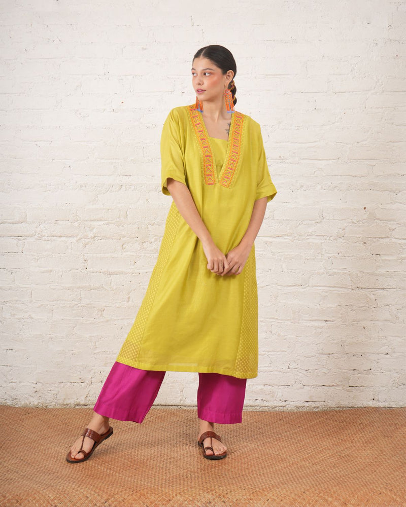 Lime Silk Chanderi Kurta with Fuschia Pants chanderi by Myoho in white color for women Worldwide