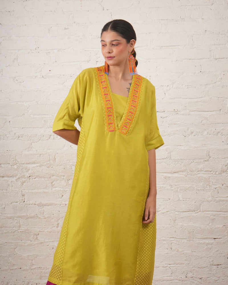 Lime Silk Chanderi Kurta with Fuschia Pants chanderi by Myoho in white color for women Worldwide