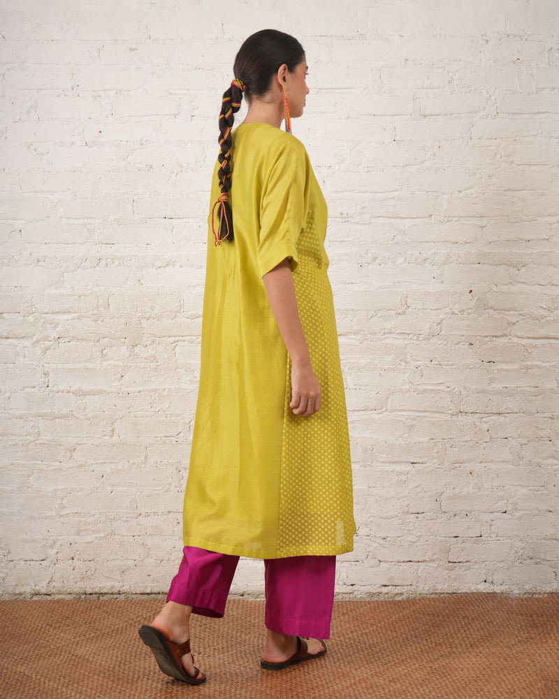 Lime Silk Chanderi Kurta with Fuschia Pants chanderi by Myoho in white color for women Worldwide