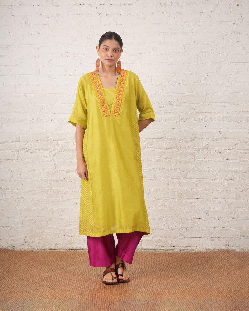 Lime Silk Chanderi Kurta with Fuschia Pants chanderi by Myoho in white color for women Worldwide