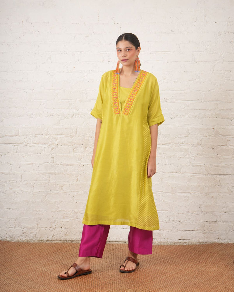 Lime Silk Chanderi Kurta with Fuschia Pants chanderi by Myoho in white color for women Worldwide