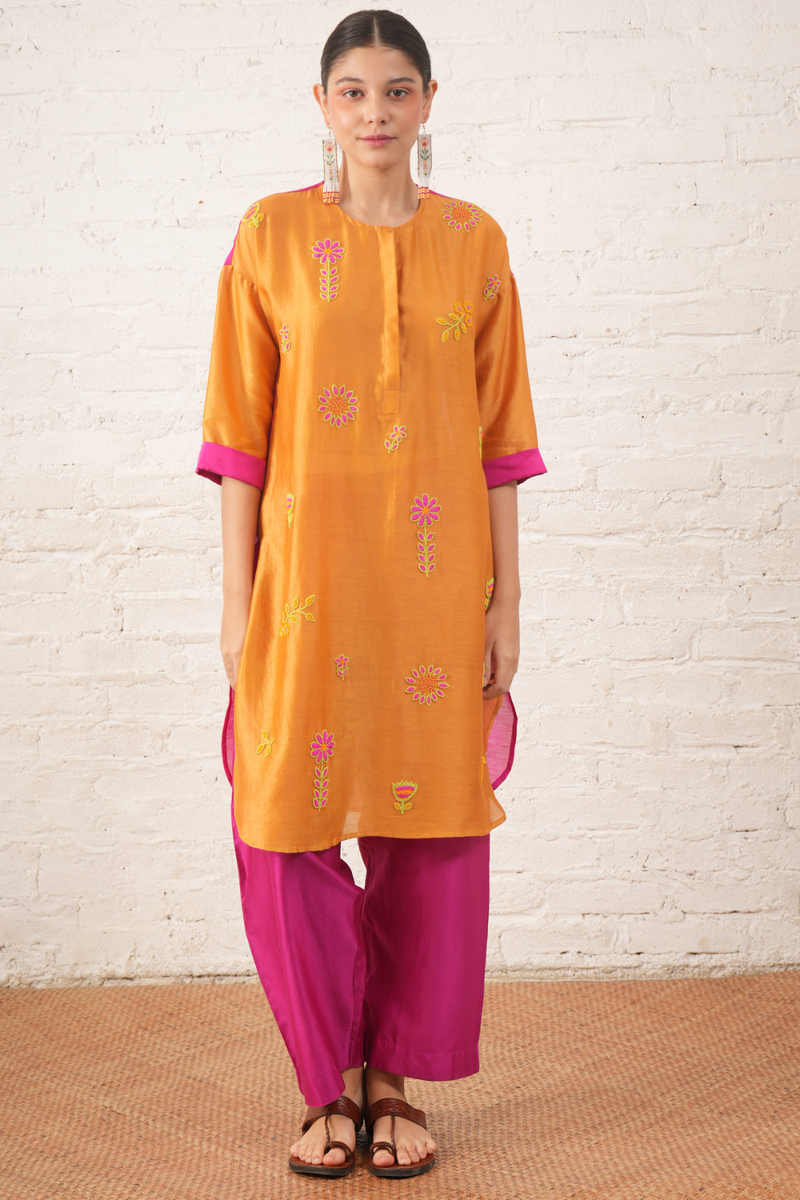 Rust Silk Chanderi Floral Kurta with Fuschia Pants chanderi by Myoho for women Worldwide