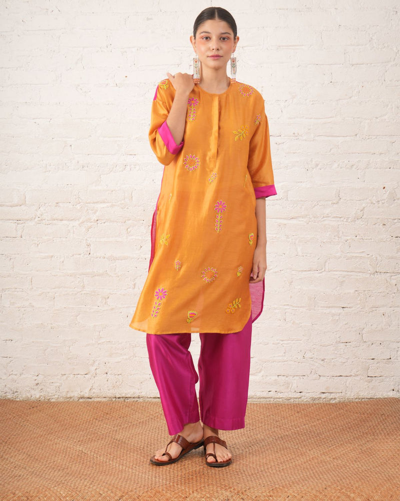 Rust Silk Chanderi Floral Kurta with Fuschia Pants chanderi by Myoho for women Worldwide
