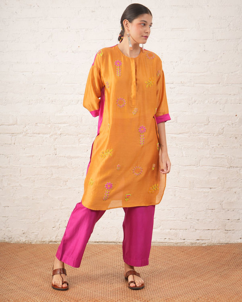 Rust Silk Chanderi Floral Kurta with Fuschia Pants chanderi by Myoho for women Worldwide