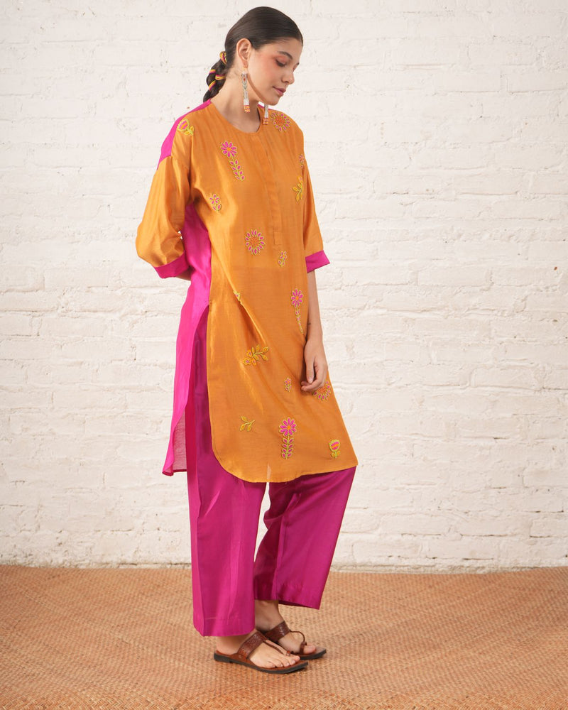 Rust Silk Chanderi Floral Kurta with Fuschia Pants chanderi by Myoho for women Worldwide