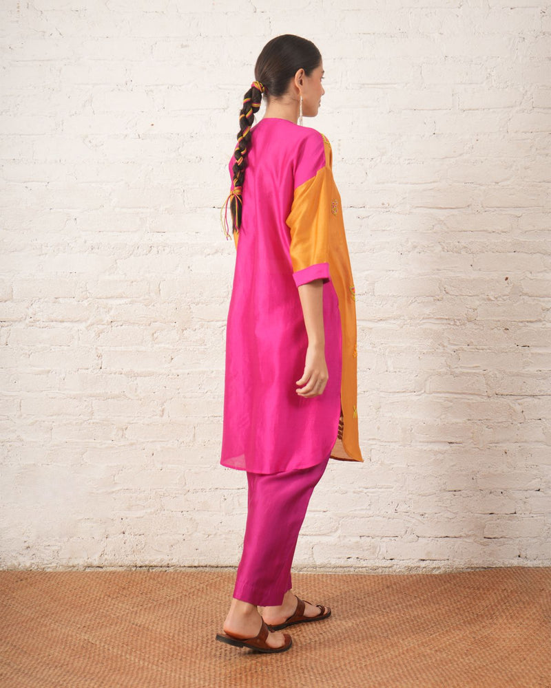 Rust Silk Chanderi Floral Kurta with Fuschia Pants chanderi by Myoho for women Worldwide