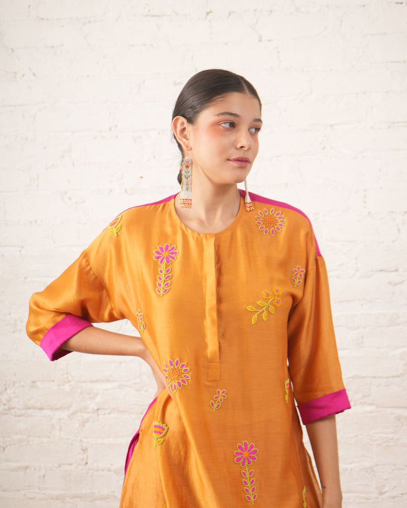 Rust Silk Chanderi Floral Kurta with Fuschia Pants chanderi by Myoho for women Worldwide