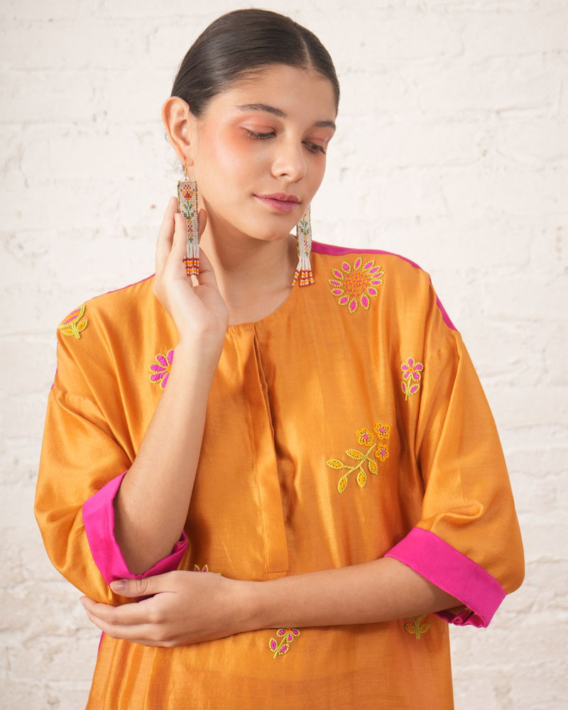 Rust Silk Chanderi Floral Kurta with Fuschia Pants chanderi by Myoho for women Worldwide