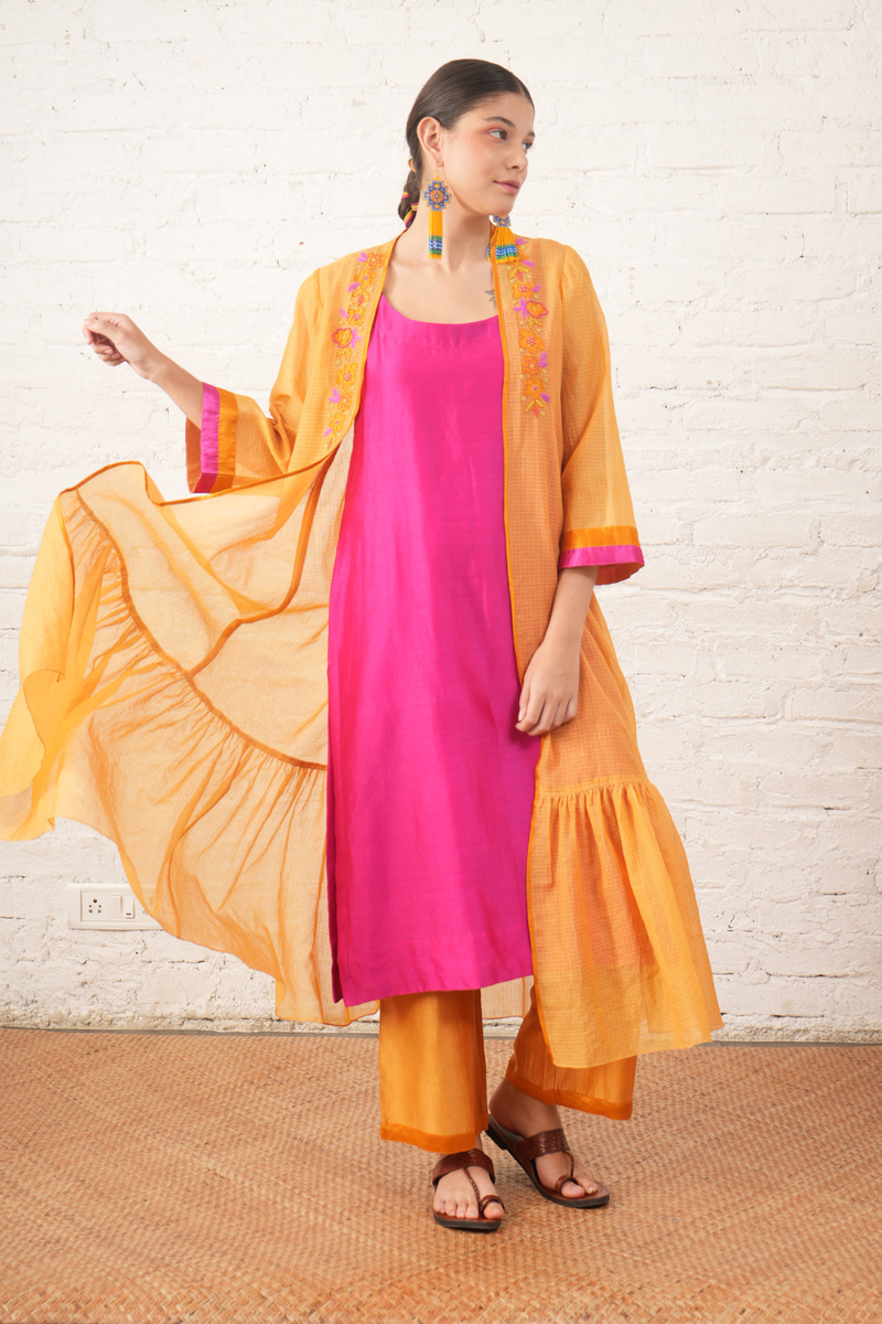 Rust Silk Chanderi Overlay with Fuchsia Inner Set chanderi by Myoho for women Worldwide