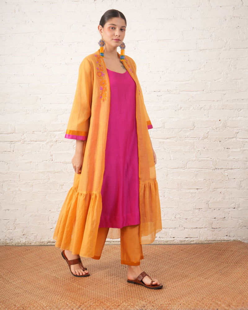 Rust Silk Chanderi Overlay with Fuchsia Inner Set chanderi by Myoho for women Worldwide