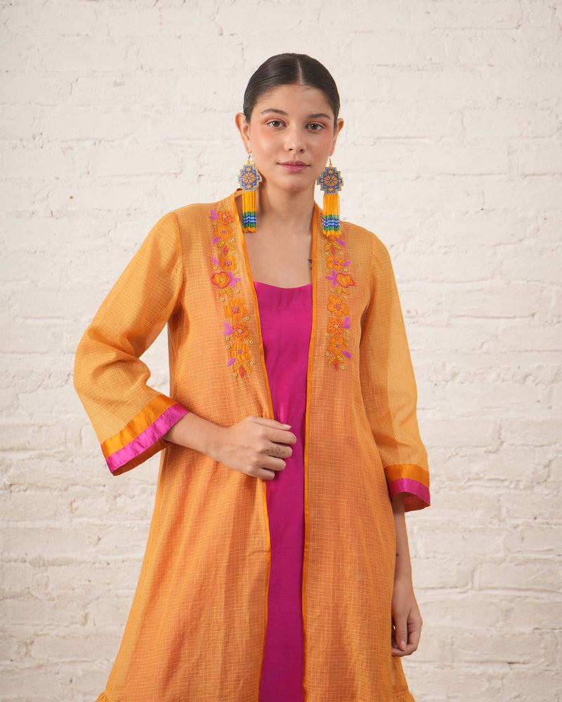 Rust Silk Chanderi Overlay with Fuchsia Inner Set chanderi by Myoho for women Worldwide