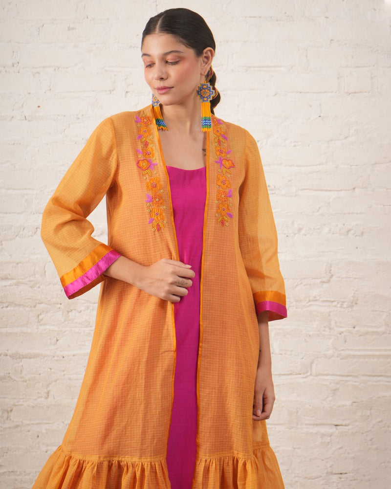 Rust Silk Chanderi Overlay with Fuchsia Inner Set chanderi by Myoho for women Worldwide