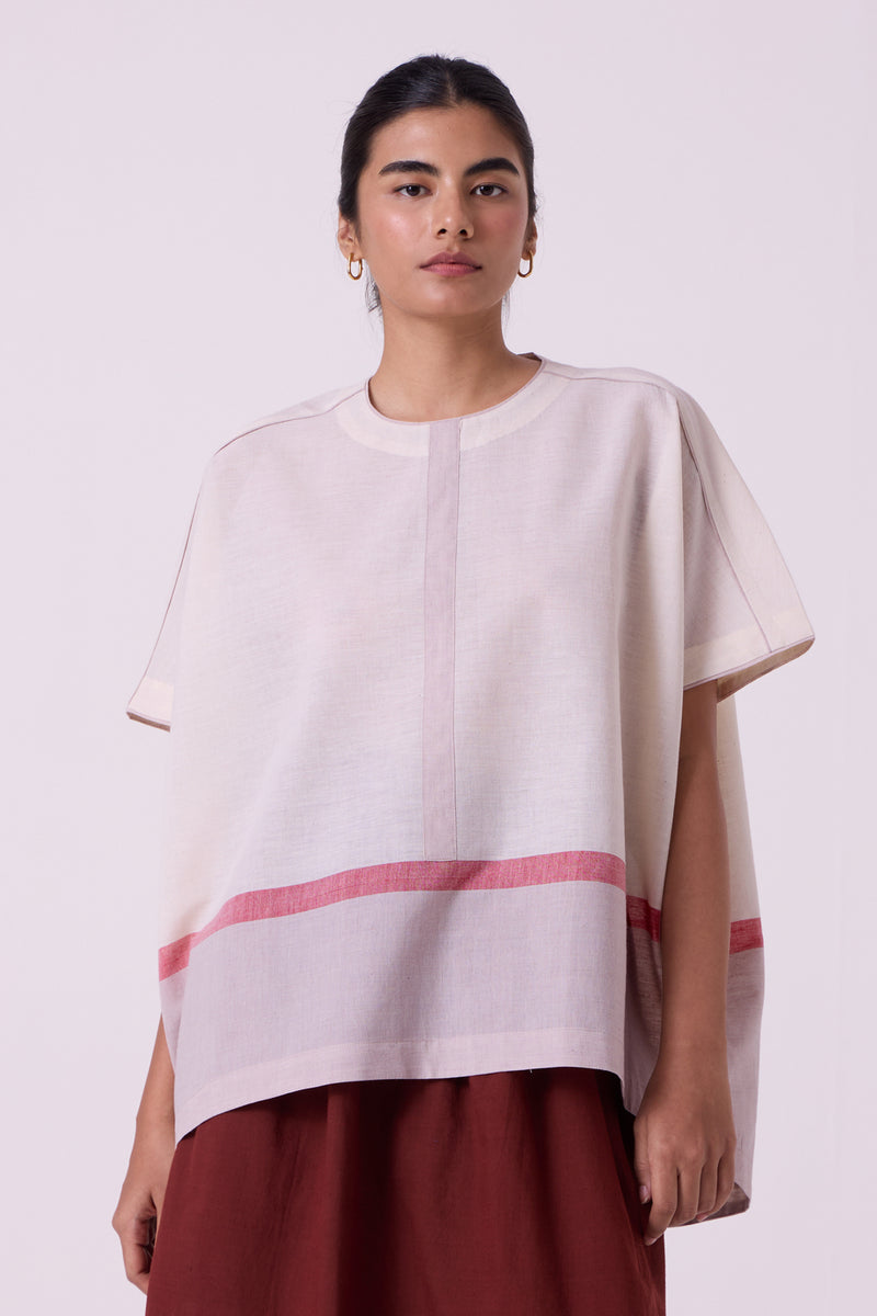 Kaze Ecru Colourblocked Handwoven Tent Top handwoven cotton top/shirt by The Summer House in off white for women Worldwide