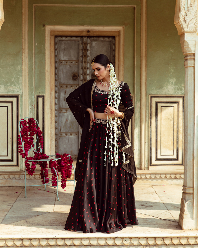 Black & Red Bandhej Print Lehenga Set satin by Maison Shefali in multi color for women Worldwide