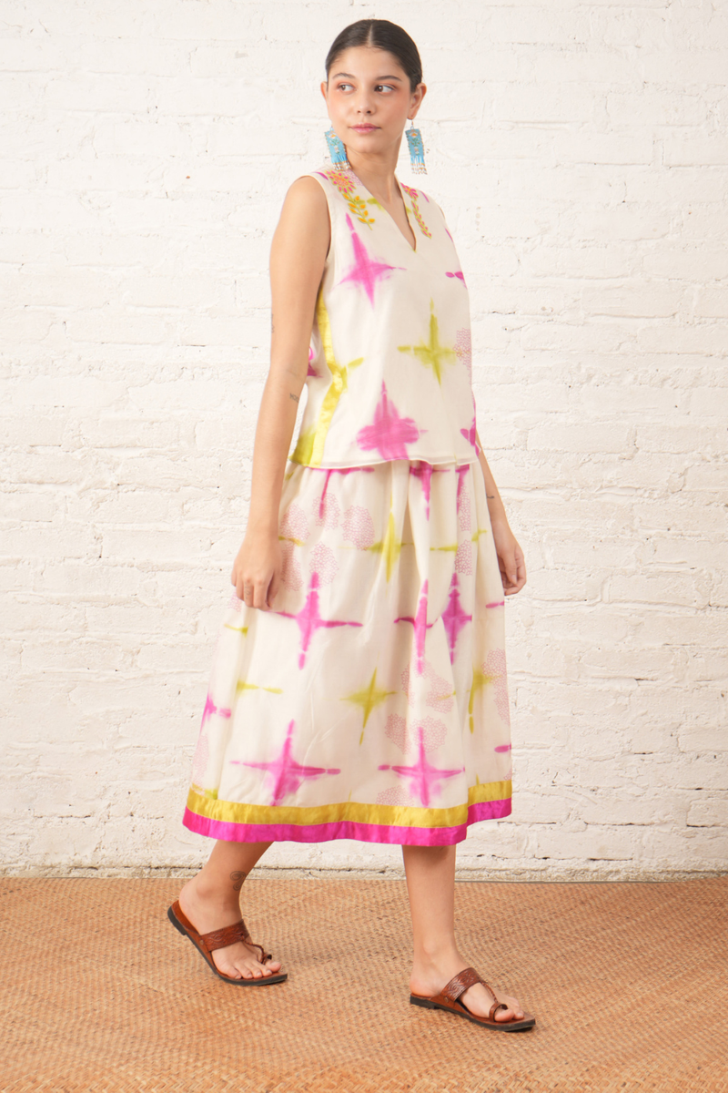 Clamping Silk Chanderi Printed Skirt Top chanderi by Myoho in white color for women Worldwide