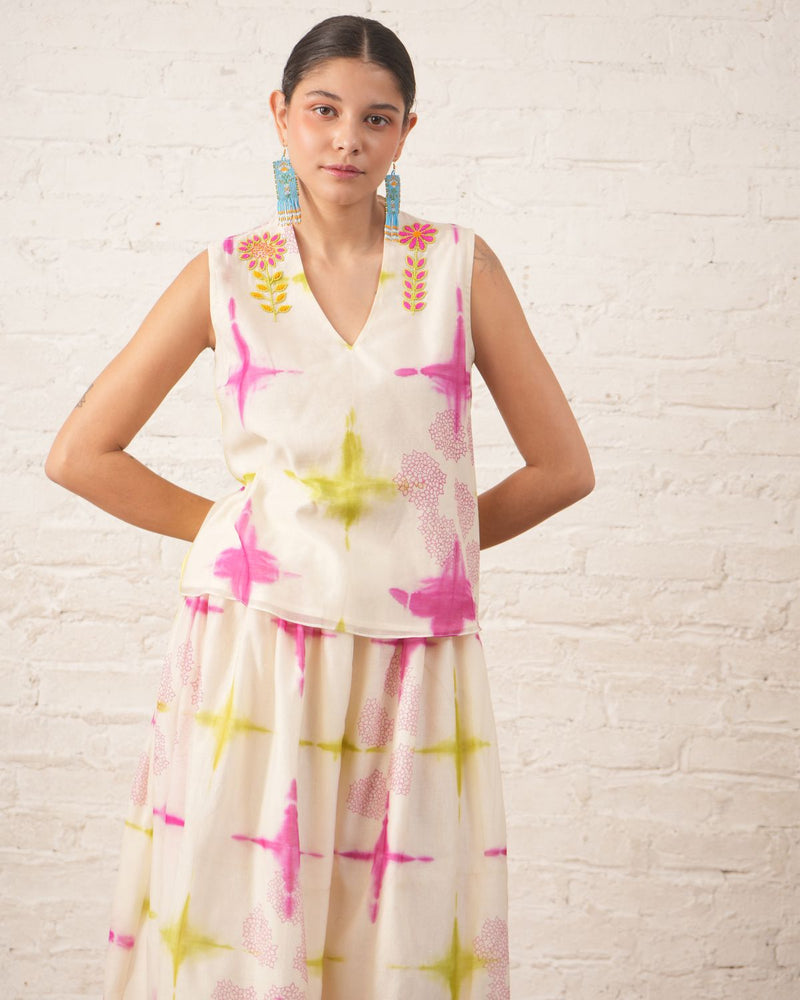 Clamping Silk Chanderi Printed Skirt Top chanderi by Myoho in white color for women Worldwide