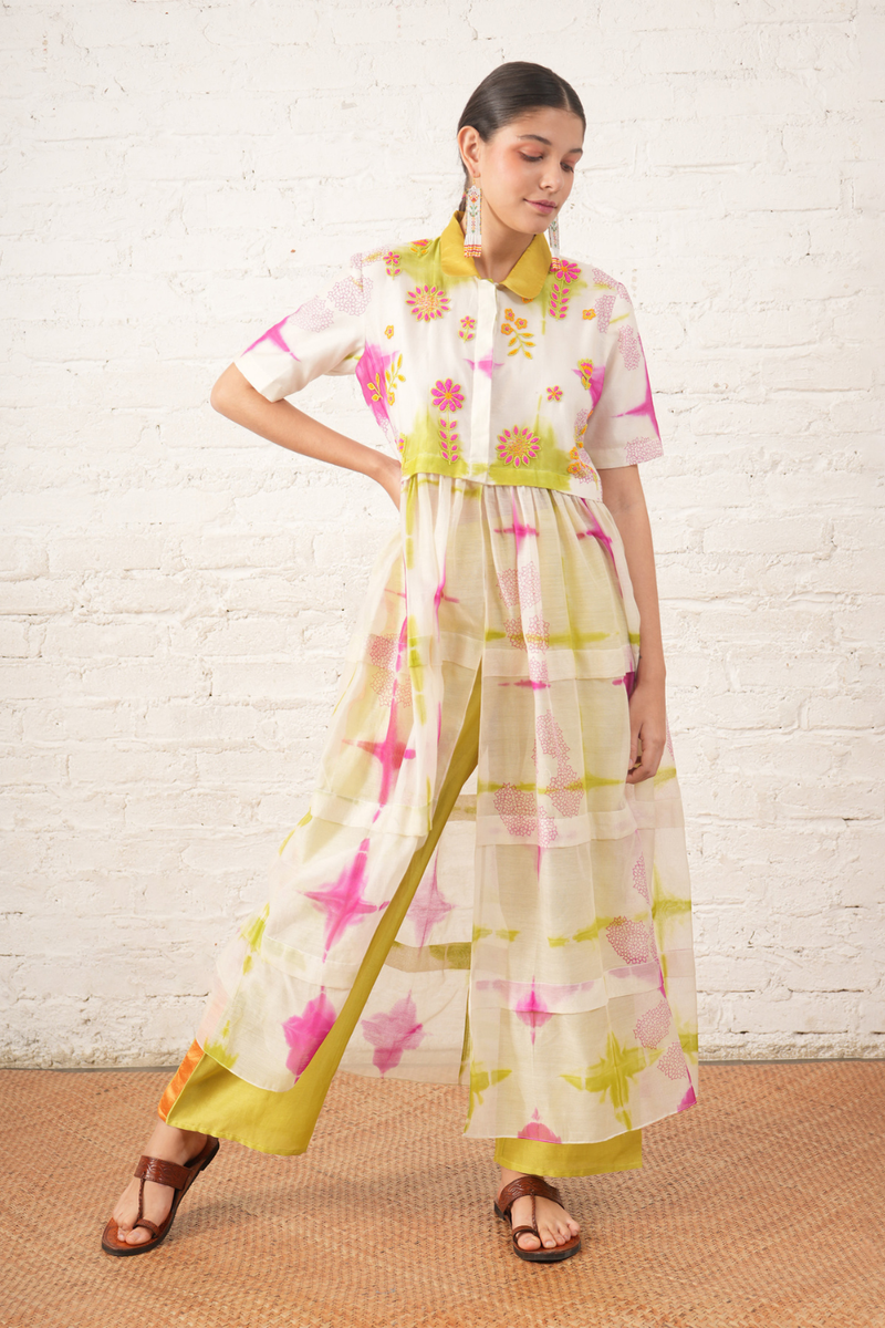 Clamping Silk Chanderi Overlay with Floral Bead Embroidery and Lime Pants chanderi by Myoho in white color for women Worldwide