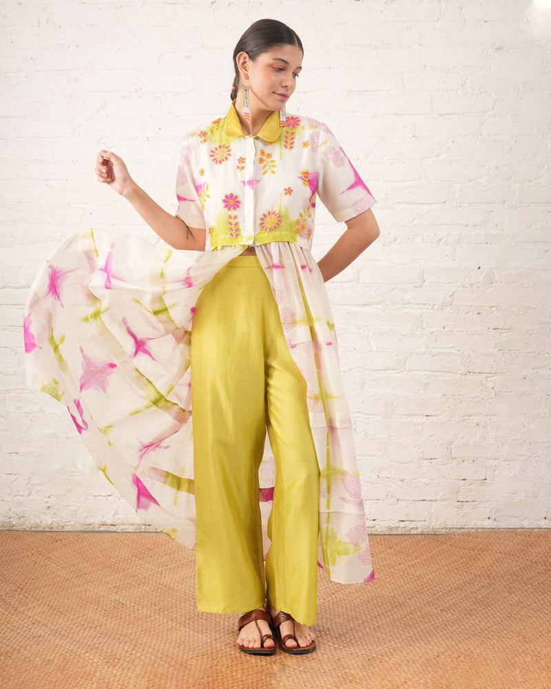 Clamping Silk Chanderi Overlay with Floral Bead Embroidery and Lime Pants chanderi by Myoho in white color for women Worldwide