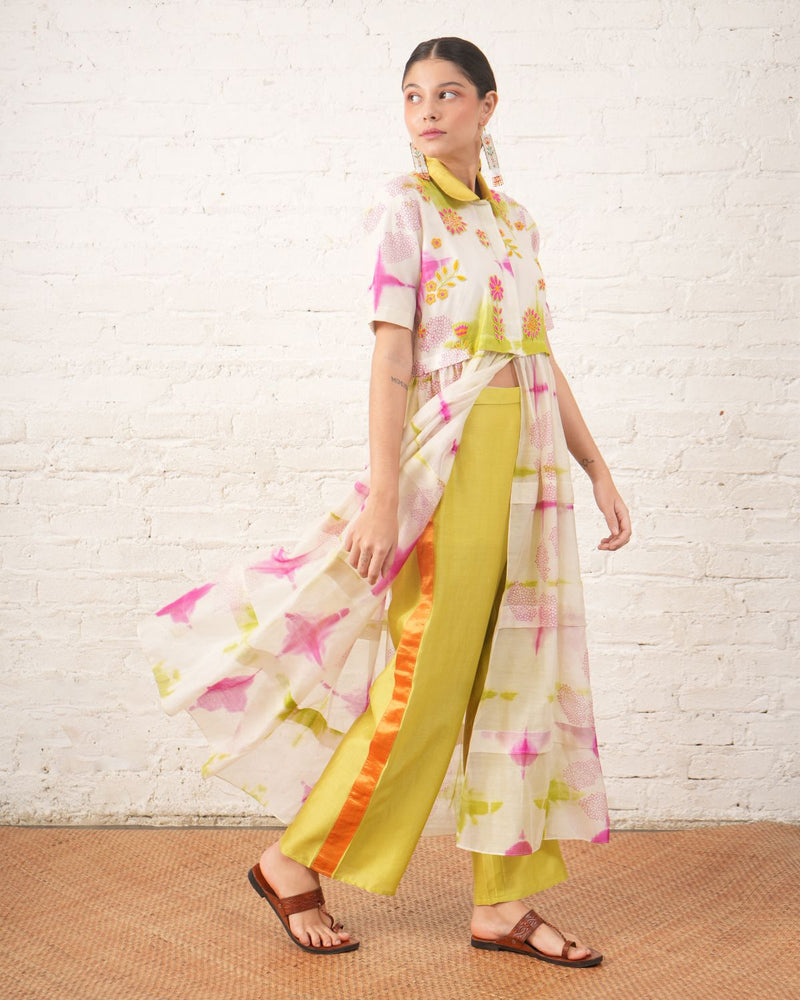 Clamping Silk Chanderi Overlay with Floral Bead Embroidery and Lime Pants chanderi by Myoho in white color for women Worldwide