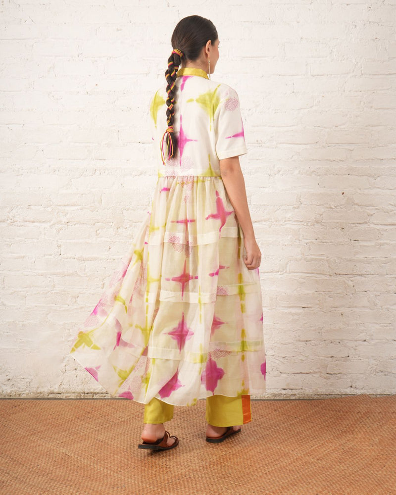 Clamping Silk Chanderi Overlay with Floral Bead Embroidery and Lime Pants chanderi by Myoho in white color for women Worldwide