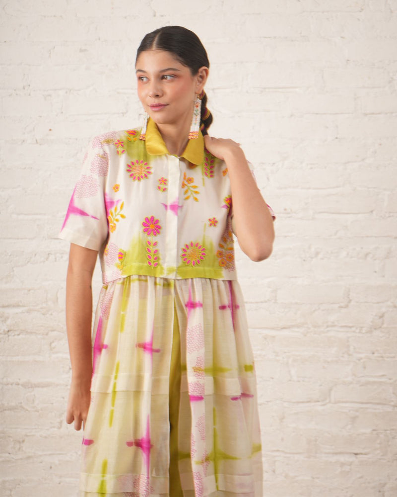 Clamping Silk Chanderi Overlay with Floral Bead Embroidery and Lime Pants chanderi by Myoho in white color for women Worldwide