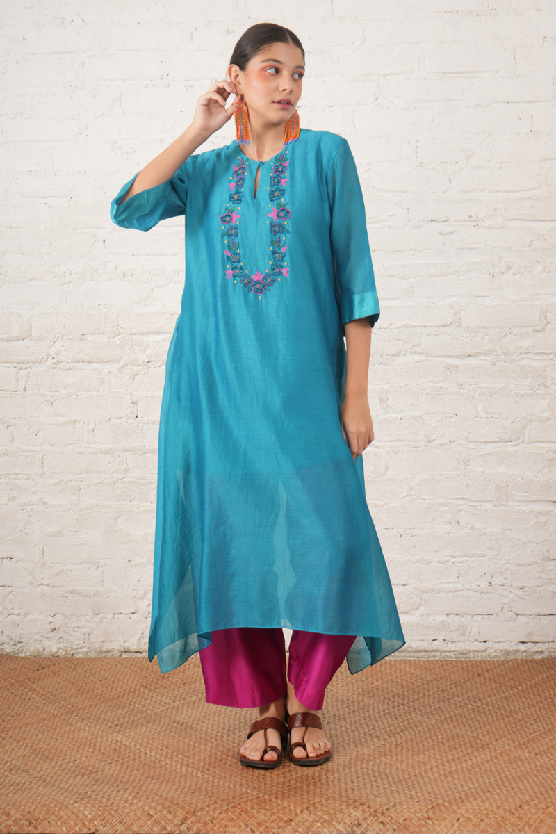 Teal Silk Chanderi Kurta with Floral Embroidery chanderi by Myoho in teal color for women Worldwide