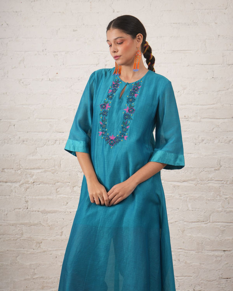 Teal Silk Chanderi Kurta with Floral Embroidery chanderi by Myoho in teal color for women Worldwide