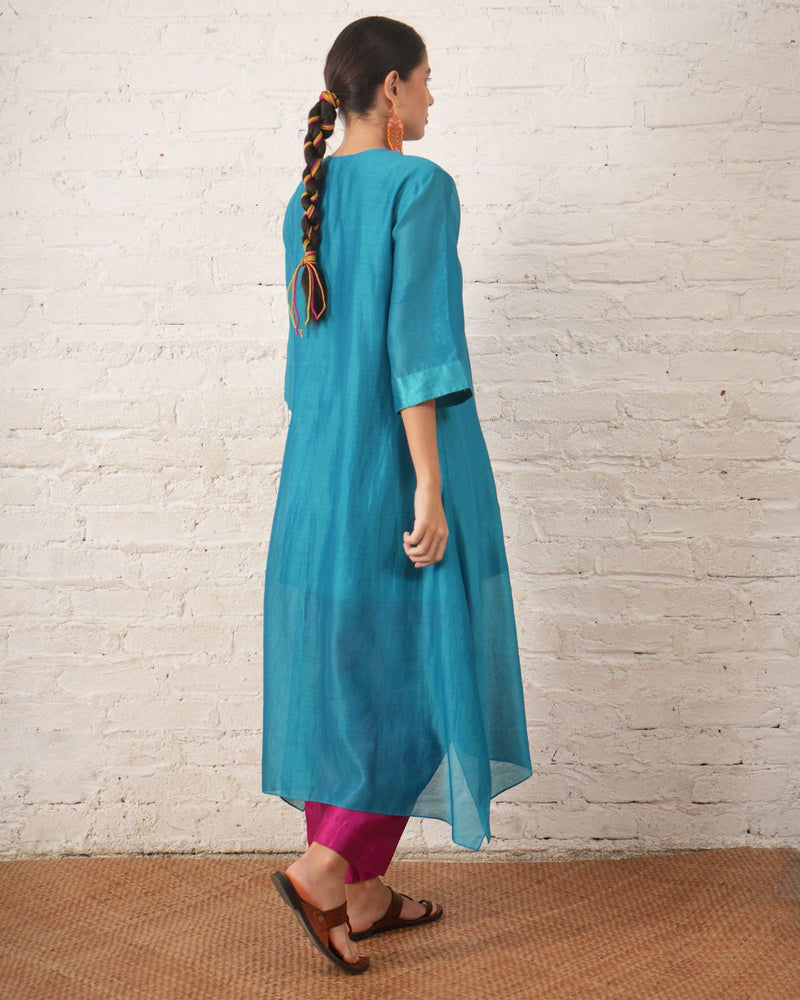 Teal Silk Chanderi Kurta with Floral Embroidery chanderi by Myoho in teal color for women Worldwide