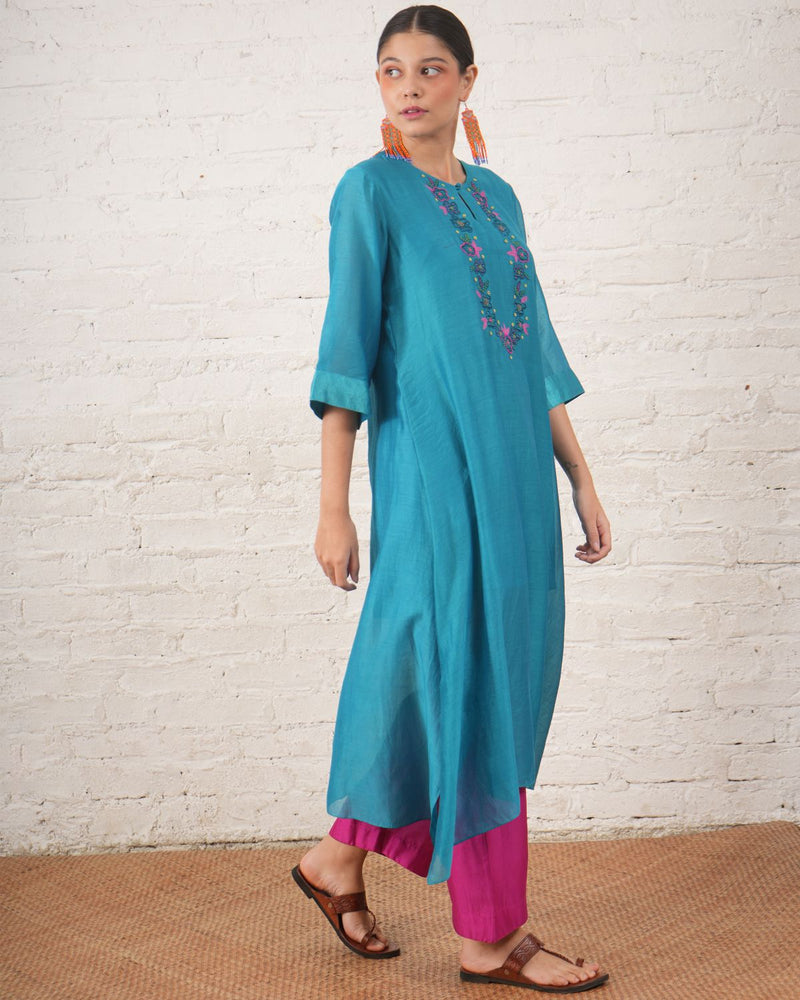 Teal Silk Chanderi Kurta with Floral Embroidery chanderi by Myoho in teal color for women Worldwide