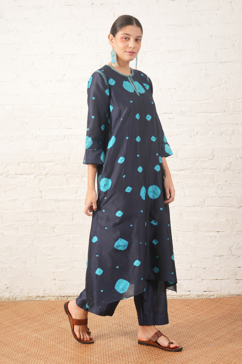 Indigo Silk Chanderi Kurta with Bandhini chanderi by Myoho in blue color for women Worldwide