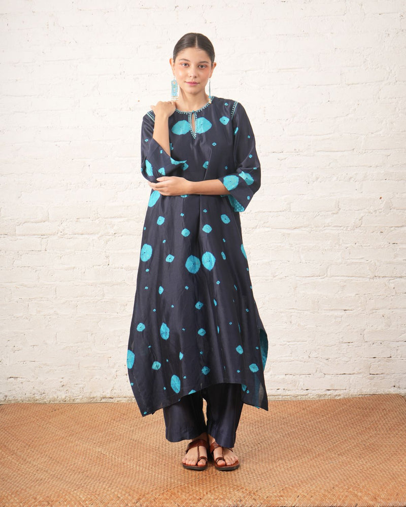 Indigo Silk Chanderi Kurta with Bandhini chanderi by Myoho in blue color for women Worldwide