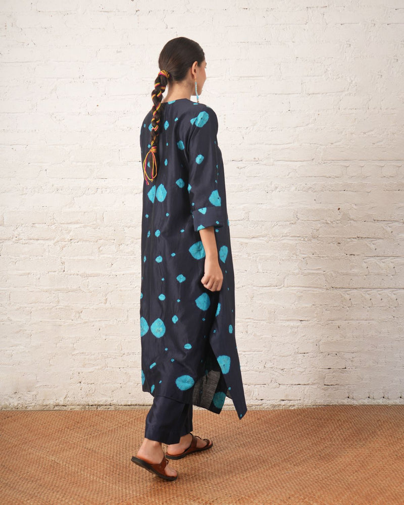 Indigo Silk Chanderi Kurta with Bandhini chanderi by Myoho in blue color for women Worldwide